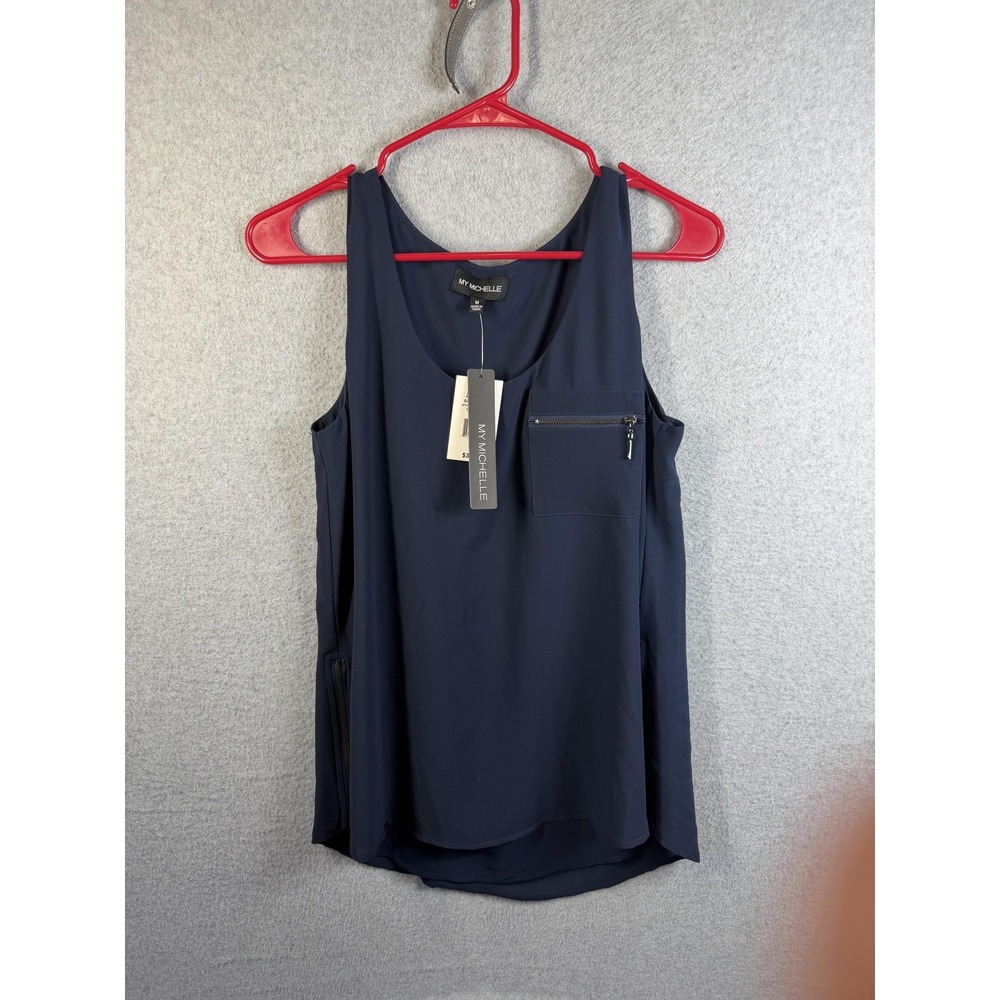 My Michelle Tank Top Juniors Medium Navy Zip Pocket Tunic Sleeveless‎ Blouse
